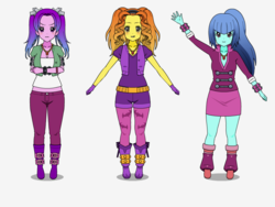 Size: 800x600 | Tagged: safe, artist:icicle-nicicle-1517 kisekae, adagio dazzle, aria blaze, sonata dusk, equestria girls, g4, amulet, boots, bracelet, clothes, collar, crossed arms, female, gloves, graveyard of comments, grumpy, jewelry, kisekae, midriff, simple background, skirt, spiked wristband, the dazzlings, white background