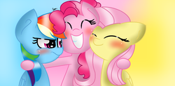 Size: 1378x682 | Tagged: safe, artist:shootingstar200, fluttershy, pinkie pie, rainbow dash, pony, g4, group hug, hug, trio