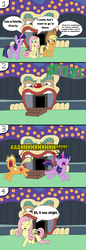 Size: 2337x6799 | Tagged: safe, artist:equestriaguy637, applejack, fluttershy, twilight sparkle, alicorn, pony, g4, perfect day for fun, clown, comic, haunted house, role reversal, scene interpretation, screaming, twilight sparkle (alicorn)