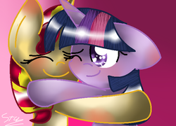 Size: 616x444 | Tagged: safe, artist:shootingstar200, sunset shimmer, twilight sparkle, pony, unicorn, g4, duo, hug