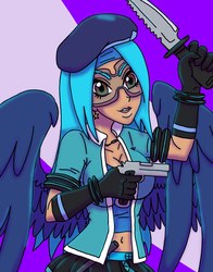 Size: 1024x1303 | Tagged: safe, artist:katkathasahathat, oc, oc only, oc:tempest (ice1517), human, baton, beret, breasts, cleavage, clothes, ear piercing, earring, female, gloves, goggles, gun, handgun, humanized, humanized oc, jewelry, knife, midriff, piercing, pistol, pleated skirt, skirt, solo, weapon, winged humanization