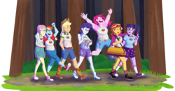 Size: 1600x832 | Tagged: safe, artist:thespectral-wolf, applejack, fluttershy, pinkie pie, rainbow dash, rarity, sci-twi, spike, spike the regular dog, sunset shimmer, twilight sparkle, dog, equestria girls, g4, my little pony equestria girls: legend of everfree, clothes, converse, humane five, humane seven, humane six, shoes, sneakers