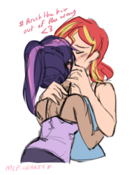 Size: 1280x1640 | Tagged: safe, artist:mlp-hearts, sci-twi, sunset shimmer, twilight sparkle, human, g4, blushing, clothes, dark skin, duo, female, humanized, kissing, lesbian, ponytail, ship:sci-twishimmer, ship:sunsetsparkle, shipping, tank top