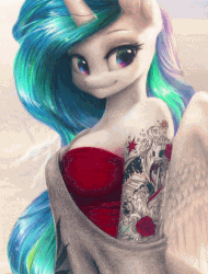 Size: 426x561 | Tagged: safe, artist:katputze, artist:lunalewdie, derpibooru exclusive, princess celestia, alicorn, anthro, g4, animated, beautiful, breasts, bust, cleavage, clothes, color porn, dear princess celestia, dress, ear fluff, eye, eyes, female, flower, gif, looking at you, mare, markers, multicolored iris, off shoulder, rainbow eyes, red dress, rose, skull, sleeve tattoo, smiling, solo, tattoo, traditional art