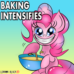 Size: 1000x1000 | Tagged: safe, artist:lennonblack, pinkie pie, earth pony, pony, smile hd, g4, batter, female, food, meme, patreon, patreon logo, solo, x intensifies