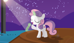 Size: 3324x1943 | Tagged: safe, artist:shutterflyeqd, sweetie belle, pony, unicorn, g4, eyes closed, female, filly, foal, magic, microphone, night sky, open mouth, raised hoof, signature, singing, solo, spotlight, stage, stars, the cmc's cutie marks