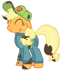 Size: 7000x8100 | Tagged: safe, artist:tardifice, applejack, g4, the cart before the ponies, absurd resolution, belt, cap, clothes, coveralls, cute, dirty, eyes closed, female, floppy ears, hat, jackabetes, mechanic, mechanic coveralls, pants, photoshop, simple background, smiling, solo, transparent background, vector