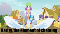 Size: 1279x722 | Tagged: safe, screencap, crackle pop, derpy hooves, rarity, sugar stix, sweetie belle, tender brush, winter lotus, pegasus, pony, g4, the cart before the ponies, cheating, female, mare, meme, swanlestia, swanlestia cart