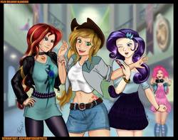 Size: 960x755 | Tagged: source needed, useless source url, safe, artist:aspirantedeartista, applejack, pinkie pie, rarity, sunset shimmer, equestria girls, g4, belly button, canterlot high, clothes, denim skirt, dress, female, holding hands, lesbian, library, midriff, ot3, ship:appleshimmer, ship:rarijack, shipping, skirt, smiling, sunsarijack