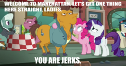 Size: 1524x800 | Tagged: safe, brickhouse, lucky breaks, pinkie pie, rarity, pony, g4, the gift of the maud pie, glove and boots, johnny t, manehattan, meme, ppr, recolor, tourist, unnamed character, unnamed pony