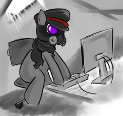 Size: 712x673 | Tagged: safe, anonymous artist, derpibooru exclusive, oc, oc only, oc:the wastelander, 4chan, chair, computer, gas mask, hat, keyboard, romantically apocalyptic, story included, zee captain