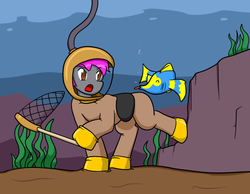 Size: 800x620 | Tagged: safe, artist:defilerzero, oc, oc only, oc:crash dive, fish, pegasus, pony, chase, diving suit, dodge, fail, helmet, seaweed, solo, tongue out, underwater