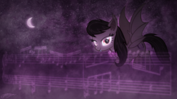 Size: 1920x1080 | Tagged: safe, artist:doctor-g, artist:jamey4, octavia melody, bat pony, pony, g4, bat ponified, batavia, crescent moon, female, glowing eyes, looking at you, music notes, necktie, night sky, race swap, solo, stars, wallpaper