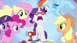 Size: 640x360 | Tagged: safe, edit, edited screencap, screencap, applejack, fluttershy, pinkie pie, rainbow dash, rarity, twilight sparkle, season 1, suited for success, animated, art of the dress, eat the camera, female, floppy ears, glasses, mane six, mare, mawshot, nose in the air, open mouth, pinkie being pinkie, reversed, sewing machine, singing, twilight being twilight, uvula, uvula shaking, volumetric mouth, zoom out, zoomed in