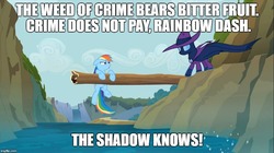 Size: 888x499 | Tagged: safe, screencap, mare do well, rainbow dash, pony, g4, the mysterious mare do well, dialogue, hypocrisy, lies, meme, pulp hero, the shadow