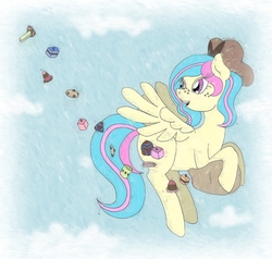 Size: 2546x2422 | Tagged: safe, artist:porcelainparasite, oc, oc only, oc:vanilla ganache, pegasus, pony, candy, flying, food, freckles, hair bow, high res, solo