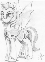 Size: 2342x3242 | Tagged: source needed, safe, artist:silfoe, oc, oc only, oc:daturea eventide, bat pony, pony, armor, female, grayscale, guardsmare, high res, mare, monochrome, night guard, royal guard, solo, traditional art, unshorn fetlocks