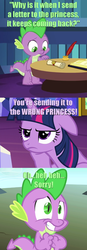 Size: 491x1403 | Tagged: safe, screencap, spike, twilight sparkle, alicorn, pony, 28 pranks later, g4, letter, oops, princess, screencap comic, twilight sparkle (alicorn), wrong