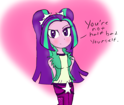 Size: 1004x846 | Tagged: safe, artist:mildockart, aria blaze, equestria girls, g4, belt, blushing, clothes, cute, dialogue, female, hands behind back, long hair, looking at you, pants, smiling, solo, text, when she smiles