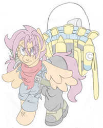 Size: 2395x2977 | Tagged: safe, artist:blackbewhite2k7, scootaloo, g4, anime, clothes, crossover, dragon ball, dragon ball super, female, future trunks, high res, older, parody, solo, time machine, trunks (dragon ball)