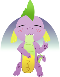 Size: 3189x4090 | Tagged: safe, artist:chiptunebrony, spike, g4, adorkable, blushing, coin, cute, dork, eyes closed, horizon, japanese, katakana, lucky cat, male, parody, redux, shirt design, sitting, smiling, solo, spikabetes, thumbs up