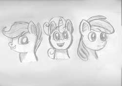 Size: 3504x2480 | Tagged: safe, artist:jbond, apple bloom, scootaloo, sweetie belle, earth pony, pegasus, pony, unicorn, g4, bust, cutie mark crusaders, high res, monochrome, open mouth, portrait, smiling, smirk, traditional art, trio