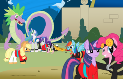 Size: 1000x645 | Tagged: safe, artist:himanuts, applejack, fluttershy, pinkie pie, princess celestia, rainbow dash, rarity, spike, twilight sparkle, g4, jack spicer, mane seven, mane six, parody, xiaolin showdown