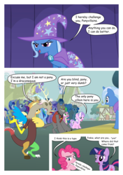 Size: 1416x2012 | Tagged: safe, artist:areyesram, amethyst star, applejack, carrot top, diamond tiara, discord, golden harvest, lyra heartstrings, minuette, pinkie pie, ponet, rainbow dash, rover, sparkler, spike, trixie, twilight sparkle, diamond dog, pony, unicorn, g4, comic, female, fourth wall, mare