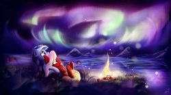 Size: 3612x2014 | Tagged: safe, artist:freeedon, oc, oc only, pony, unicorn, aurora borealis, color porn, fire, high res, scenery