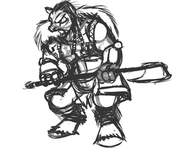 Size: 1200x1000 | Tagged: safe, artist:velgarn, earth pony, anthro, armor, axe, barbarian, berserker, concept art, fantasy, fury, male, monochrome, rage, seeds of harmony, sketch, solo, tribal, weapon