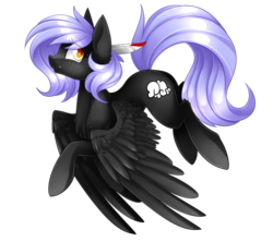Size: 2498x2218 | Tagged: safe, artist:scarlet-spectrum, oc, oc only, oc:cloudy night, pegasus, pony, art trade, eye clipping through hair, eyebrows, eyebrows visible through hair, fangs, feather, feather in hair, female, flying, high res, looking at you, mare, pegasus oc, simple background, smiling, smiling at you, solo, spread wings, transparent background, wings