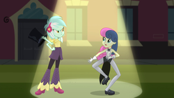 Size: 1280x720 | Tagged: safe, screencap, bon bon, lyra heartstrings, sweetie drops, all's fair in love & friendship games, equestria girls, g4, my little pony equestria girls: friendship games, >:c, hat, they just didn't care, top hat