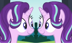 Size: 388x232 | Tagged: safe, starlight glimmer, pony, unicorn, g4, no second prances, female, inverted, looking at each other, mare, mirrored, smiling, smiling at each other, unitinu