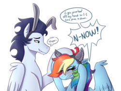 Size: 2400x1800 | Tagged: safe, artist:monnarcha, rainbow dash, soarin', pony, g4, 30 day otp challenge, blushing, bunny ears, cat ears, dialogue, eyes closed, fake ears, female, male, petting, ship:soarindash, shipping, simple background, speech bubble, straight, transparent background