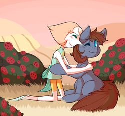 Size: 1500x1400 | Tagged: safe, artist:toasterwitch, oc, oc:data pony, earth pony, gem (race), pony, crossover, duo, duo male and female, female, gem, hug, male, pearl, pearl (steven universe), stallion, steven universe