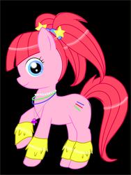 Size: 2450x3266 | Tagged: safe, artist:pinkamena-chan, pacific glow, earth pony, pony, black background, female, glowstick, looking at you, mare, pacifier, pigtails, profile, raised hoof, raised leg, simple background, smiling, solo