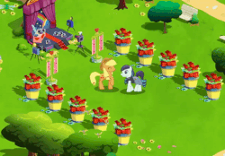 Size: 480x334 | Tagged: safe, gameloft, applejack, coloratura, earth pony, pony, g4, official, animated, camera, duo, duo female, female, gif, mare, stage, tree