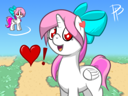 Size: 800x600 | Tagged: safe, artist:glimglam, oc, oc only, alicorn, pony, pony town, alicorn oc, ear piercing, earring, exclamation point, hair bow, heart, jewelry, open mouth, piercing, red eyes, requested art, solo, spoken heart