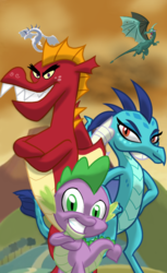 Size: 1200x1964 | Tagged: safe, artist:cheezedoodle96, artist:theroyalprincesses, garble, princess ember, spike, dragon, g4, gauntlet of fire, crossed arms, flying, looking at you, open mouth, show accurate