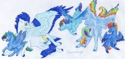Size: 6435x3035 | Tagged: safe, artist:dawn22eagle, rainbow dash, soarin', oc, oc:glider, oc:hurricane, oc:storm, pegasus, pony, g4, colored hooves, colored wings, colored wingtips, family, female, male, multicolored wings, nudity, offspring, parent:rainbow dash, parent:soarin', parents:soarindash, rainbow feathers, rainbow wings, realistic horse legs, sheath, ship:soarindash, shipping, straight, tail, tail feathers, traditional art