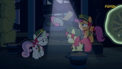 Size: 1334x750 | Tagged: safe, screencap, apple bloom, scootaloo, sweetie belle, earth pony, pony, 28 pranks later, g4, season 6, cutie mark crusaders, discovery family logo, filly guides, magic, sweetie belle's magic brings a great big smile