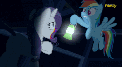 Size: 557x308 | Tagged: safe, screencap, applejack, rainbow dash, rarity, earth pony, pegasus, pony, unicorn, 28 pranks later, g4, season 6, animated, cookie zombie, discovery family logo, discussion in the comments, female, gif, lantern