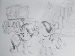 Size: 4032x3022 | Tagged: safe, artist:theasce, rarity, sweetie belle, g4, the cart before the ponies, cutie mark, eyes closed, filly, monochrome, raised hoof, sisters, the cmc's cutie marks, traditional art, younger