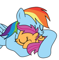 Size: 1024x1052 | Tagged: safe, artist:drhuddah, rainbow dash, scootaloo, pegasus, pony, g4, adashable, cuddling, cute, cutealoo, dashabetes, eyes closed, female, filly, foal, folded wings, hug, lying down, mare, prone, scootalove, simple background, sleeping, snuggling, transparent background, wings