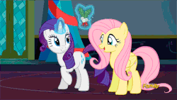 Size: 480x270 | Tagged: safe, screencap, fluttershy, rarity, pegasus, pony, unicorn, a hearth's warming tail, g4, animated, discovery family logo, female, holly, mistleholly, teasing