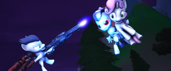 Size: 3840x1600 | Tagged: safe, artist:viranimation, rumble, sweetie belle, g4, 3d, duel wielding, female, fight, kidnapped, male, rocket launcher, rumblebot, ship:rumbelle, shipping, shock rifle, source filmmaker, straight, unreal tournament