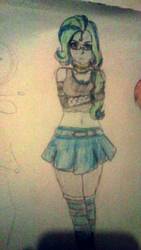 Size: 480x854 | Tagged: safe, artist:jessydraws, oc, oc only, oc:blue star, equestria girls, g4, annoyed, clothes, crossed arms, denim skirt, equestria girls-ified, glasses, microskirt, midriff, miniskirt, pleated skirt, ponytail, side ponytail, skirt, socks, solo, stockings, striped socks, tank top, thigh highs, thigh socks, traditional art, zettai ryouiki
