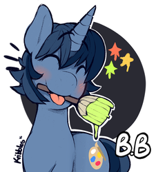 Size: 1137x1258 | Tagged: safe, artist:kribbles, oc, oc only, oc:b.b., pony, unicorn, horn, mouth hold, paintbrush, solo