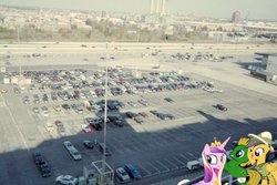 Size: 1536x1024 | Tagged: safe, artist:oceanrailroader, daring do, princess cadance, oc, g4, car, irl, parking lot, photo, ponies in real life, vector