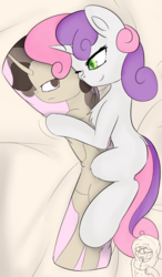 Size: 610x1047 | Tagged: safe, artist:jonathan the awesome, derpibooru exclusive, sweetie belle, oc, oc:jona clay, g4, body pillow, hug, implied raribelle